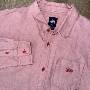 Stussy Long Sleeve Button Up Pocket Shirt Men's Large Red Embroidered 90s